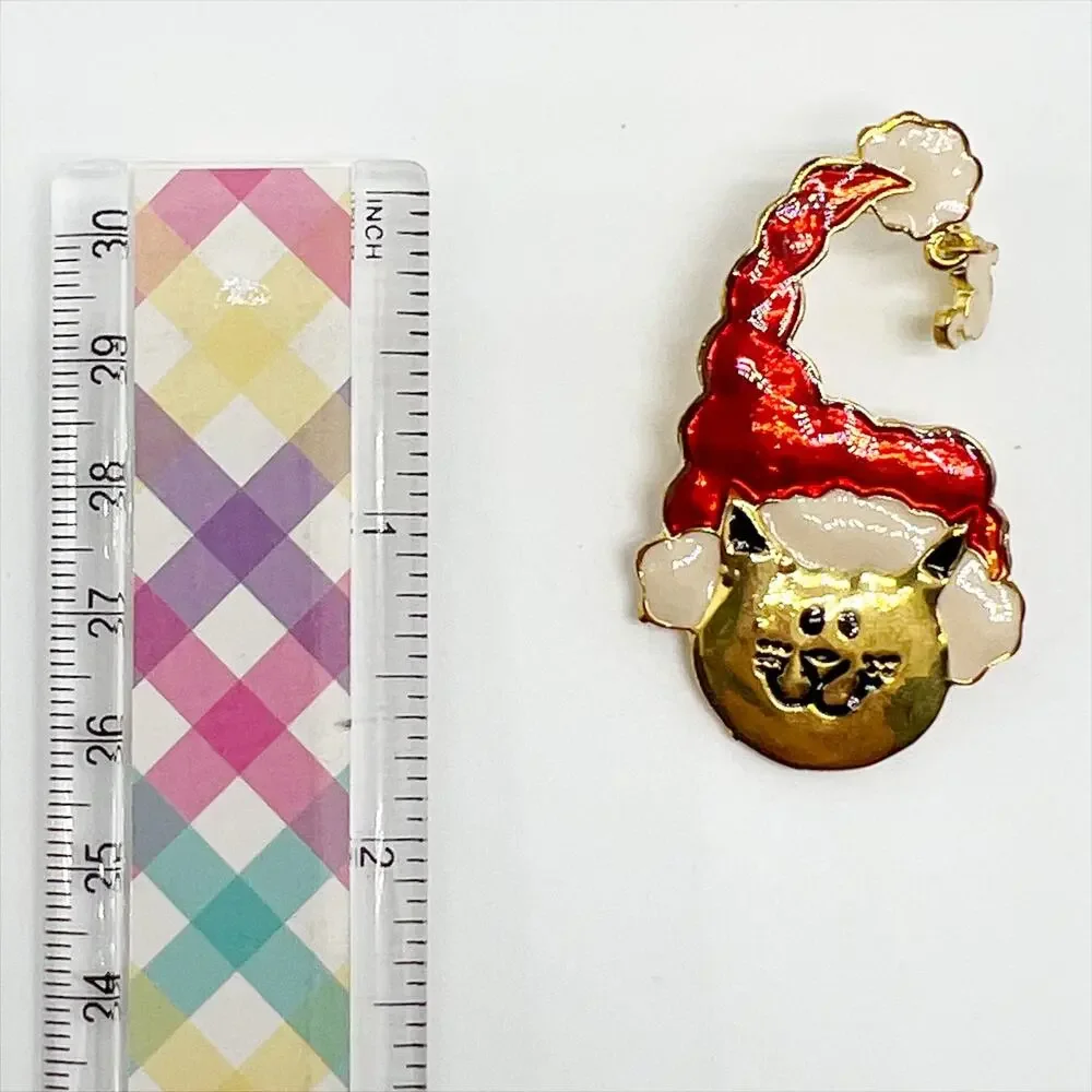 🔥 NEW Gold Tone Christmas Cat Santa Claus Brooch Pin